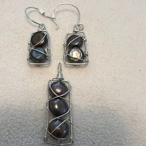 Custom Made Black Pearl Earrings and Pendant Wrapped in Silver Wire
